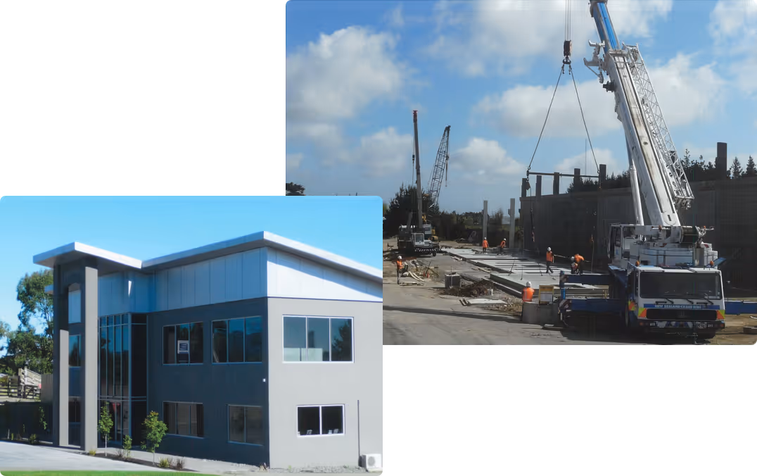 Two images: one showing a modern, two-story commercial building with large windows under a clear blue sky, the other showing construction workers operating cranes and lifting heavy materials on a building site.