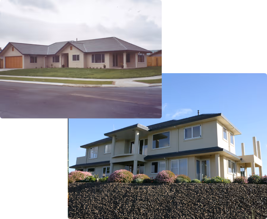 Collage showing two houses: a single-story suburban house with a tiled roof and attached garage on a corner lot, and a modern two-story house with large windows, surrounded by landscaping and bushes under a clear blue sky.
