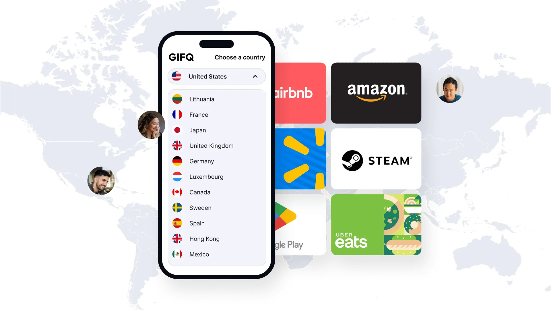 Mobile phone screen showing GIFQ app with a country selection menu and logos of gift card providers Airbnb, Amazon, Walmart, Steam, Google Play, and Uber Eats over a world map background.