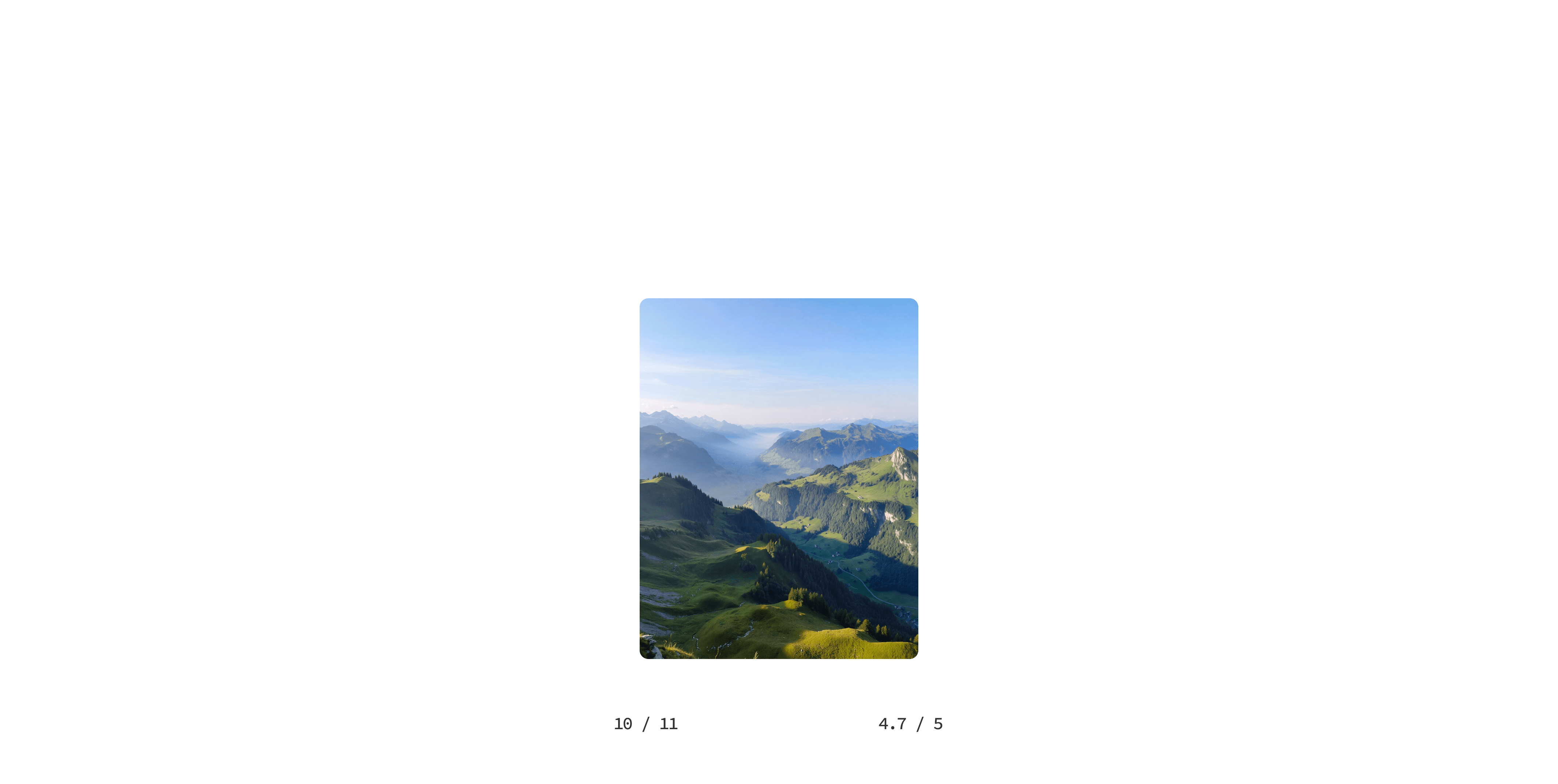 Grafische Benutzeroberfläche mit einem zentralen Foto einer grünen Berglandschaft, umgeben von hellblauen, rahmenartigen Platzhaltern.