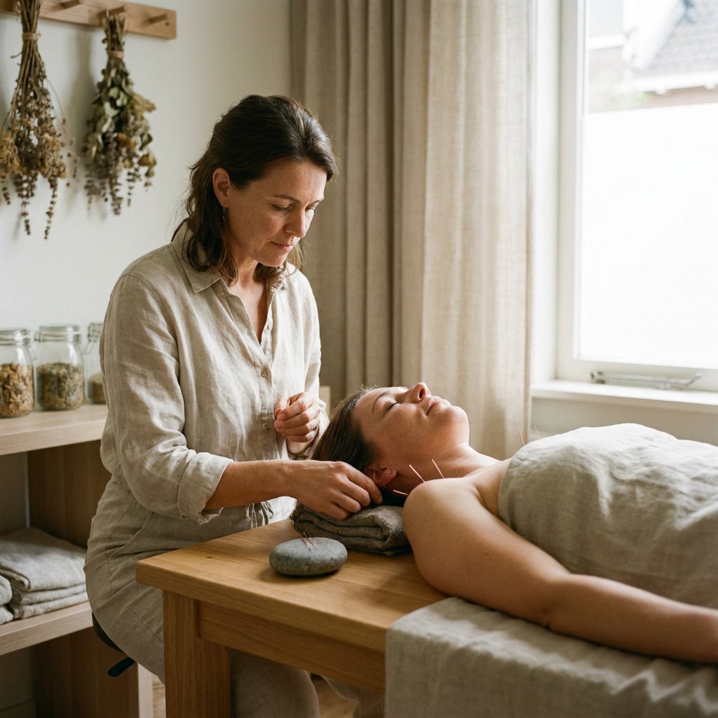 Patiënt zit ontspannen in een rustige behandelkamer terwijl een acupuncturist zorgvuldig naalden plaatst tijdens een tinnitusconsult.