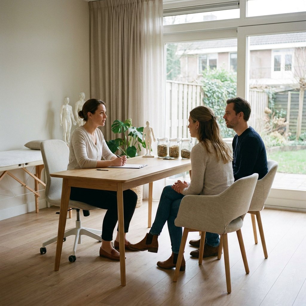 Vrouw in een rustige Nederlandse acupunctuurkliniek in gesprek met behandelaar over vruchtbaarheid, met zachte daglichtsfeer en verzorgd interieur.