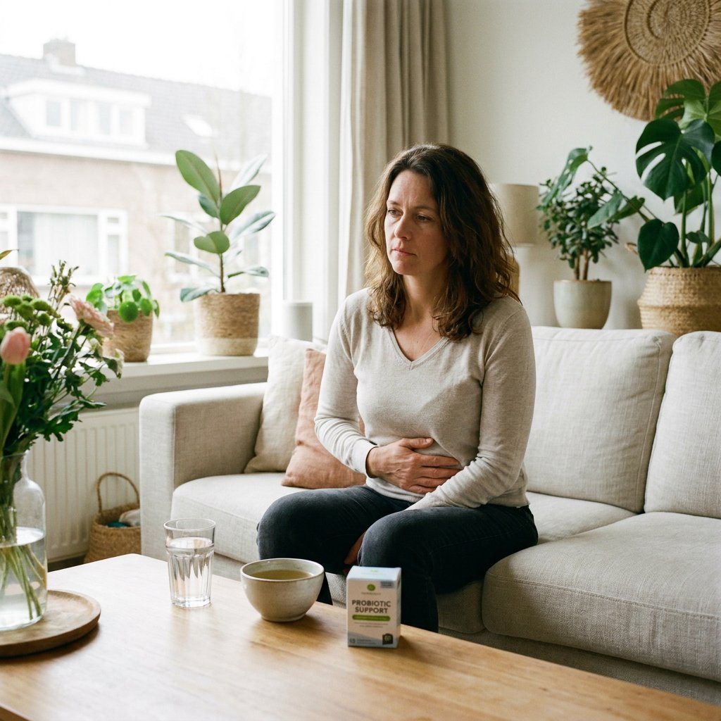 Volwassen vrouw zit op een bank met hand op haar buik, naast een glas water in zacht daglicht, een rustige en herkenbare scène rond darmklachten.