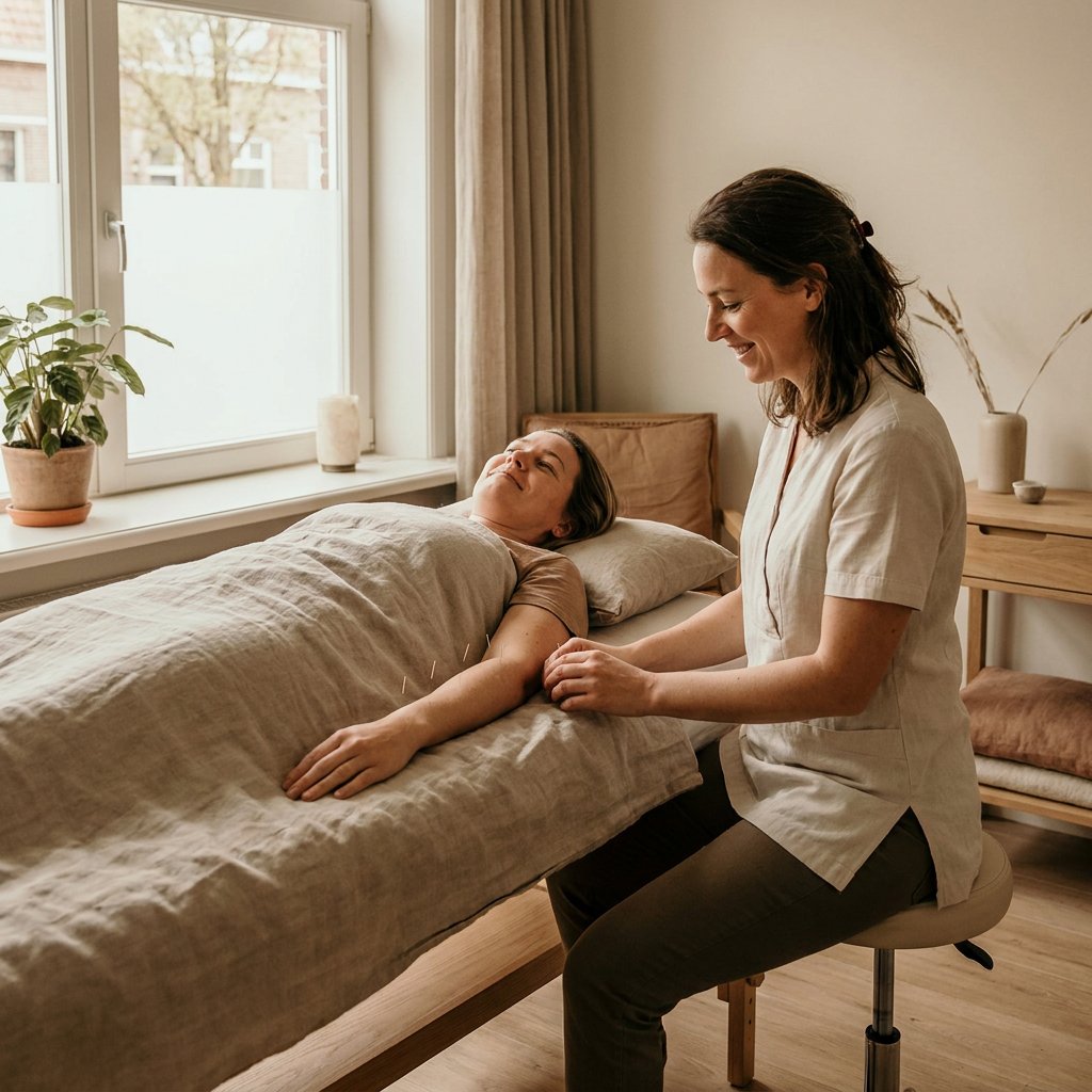 Rustige acupunctuurbehandeling in een lichte Nederlandse praktijk, met ontspannen volwassene op behandeltafel en een kalme zorgprofessional erbij.
