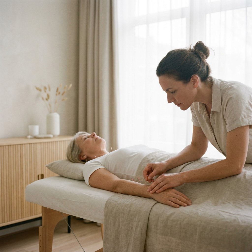 Patiënt ligt ontspannen op een behandeltafel terwijl een acupuncturist in een rustige Nederlandse praktijk zorgvuldig een behandeling uitvoert.