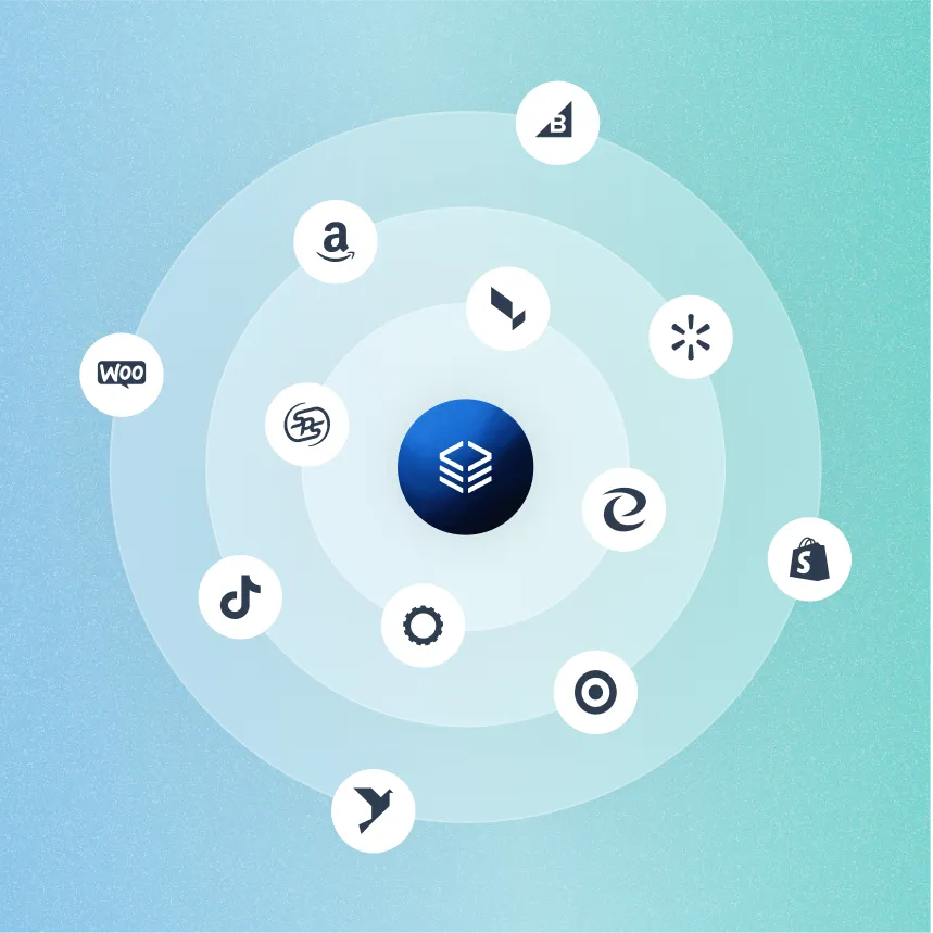 Central dark blue circle with a white server stack icon surrounded by three translucent concentric circles containing logos of Amazon, Walmart, Shopify, TikTok, WooCommerce, Target, and others on a blue-green gradient background.
