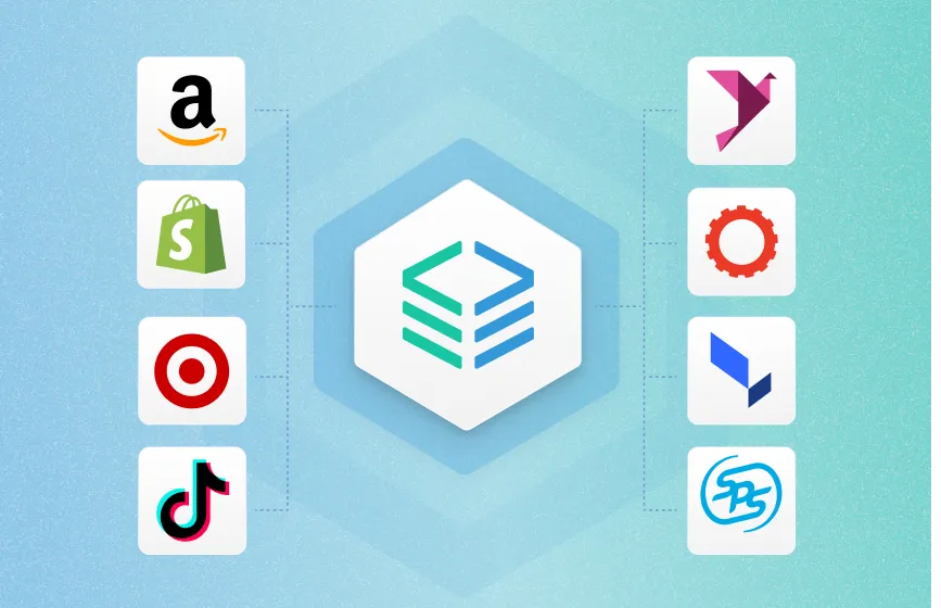 Hexagonal central symbol connected by dotted lines to eight technology and retail logos including Amazon, Shopify, Target, TikTok, and others on a blue-green gradient background.