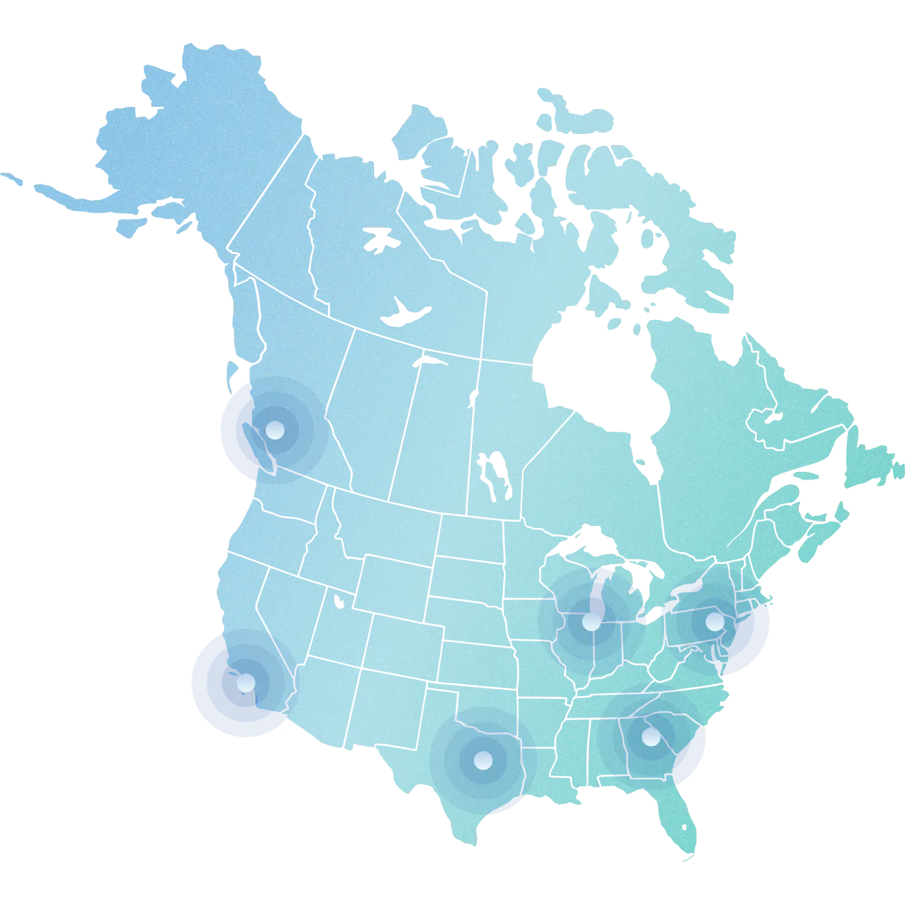 Map of Canada and northern USA with highlighted areas in Vancouver, Los Angeles, Chicago, New York, and Miami.