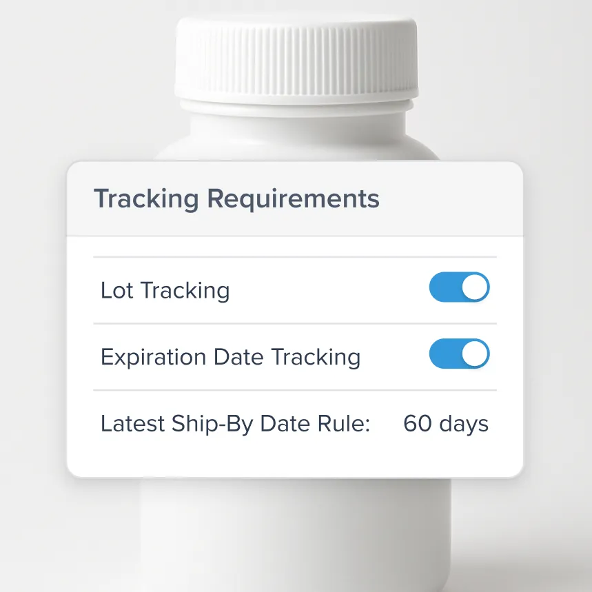 White medicine bottle with a digital overlay showing tracking requirements enabled for lot tracking and expiration date tracking, with a latest ship-by date rule of 60 days.