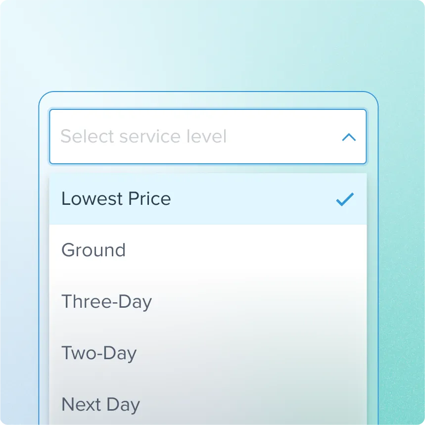 Dropdown menu for selecting shipping service levels with options including Lowest Price, Ground, Three-Day, Two-Day, and Next Day, with Lowest Price selected.