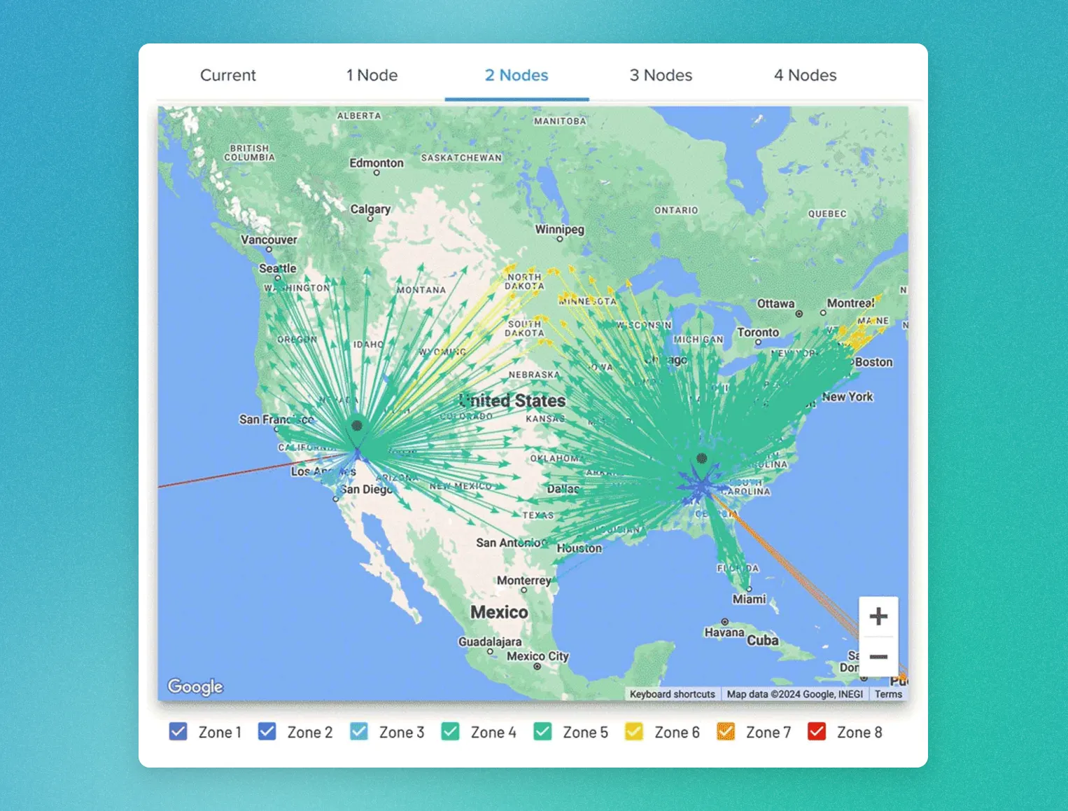 Map of the United States showing network node locations and directional connections from two nodes, with zones labeled 1 to 8.