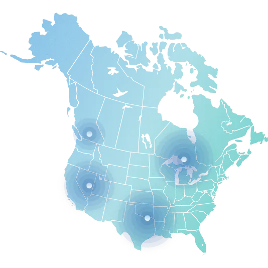 Map of North America showing four highlighted regions with concentric circles centered in the western U.S., southwestern U.S., midwestern U.S., and Great Lakes area.