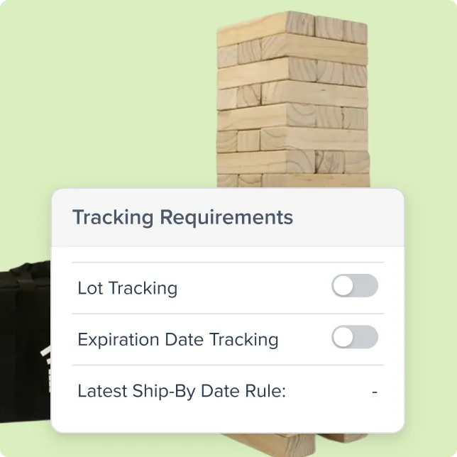 Interface panel titled Tracking Requirements with toggles for Lot Tracking and Expiration Date Tracking turned off, on a background of stacked wooden blocks.