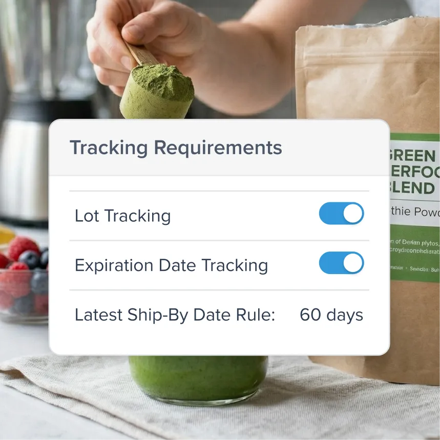 Hand holding a scoop of green superfood powder above a green smoothie jar, next to a brown paper bag labeled Green Superfood Blend, with a tracking requirements overlay showing lot tracking and expiration date tracking enabled, and latest ship-by date rule set to 60 days.