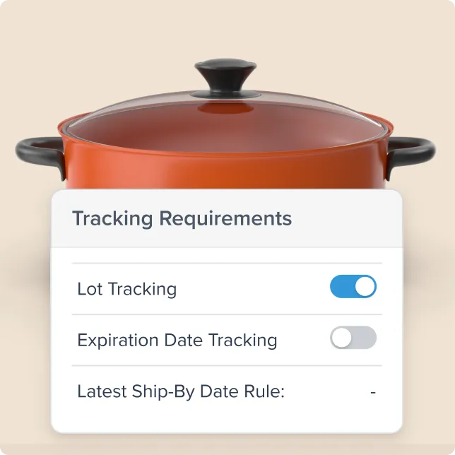 Orange pot with black handles and lid behind a settings panel showing Tracking Requirements with Lot Tracking enabled and Expiration Date Tracking disabled.