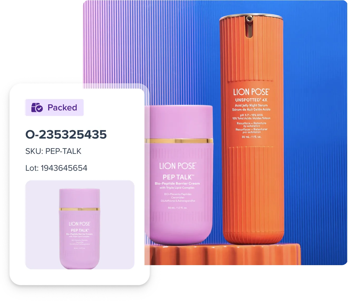 Two skincare products from Lion Pose: a pink Pep Talk Bio-Peptide Barrier Cream and an orange Unspotted 4X Acid Jelly Night Serum against a blue background.