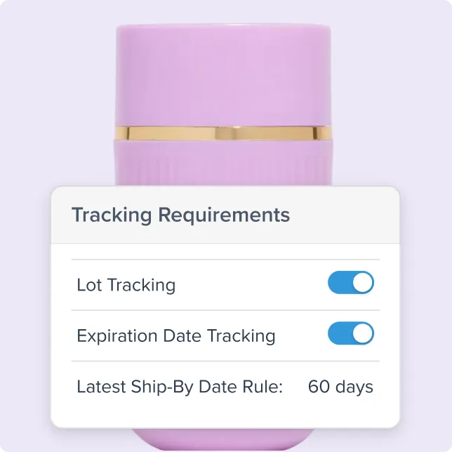 Purple cosmetic container with a gold band and an overlay box showing enabled tracking options for lot tracking and expiration date tracking, plus a latest ship-by date rule of 60 days.