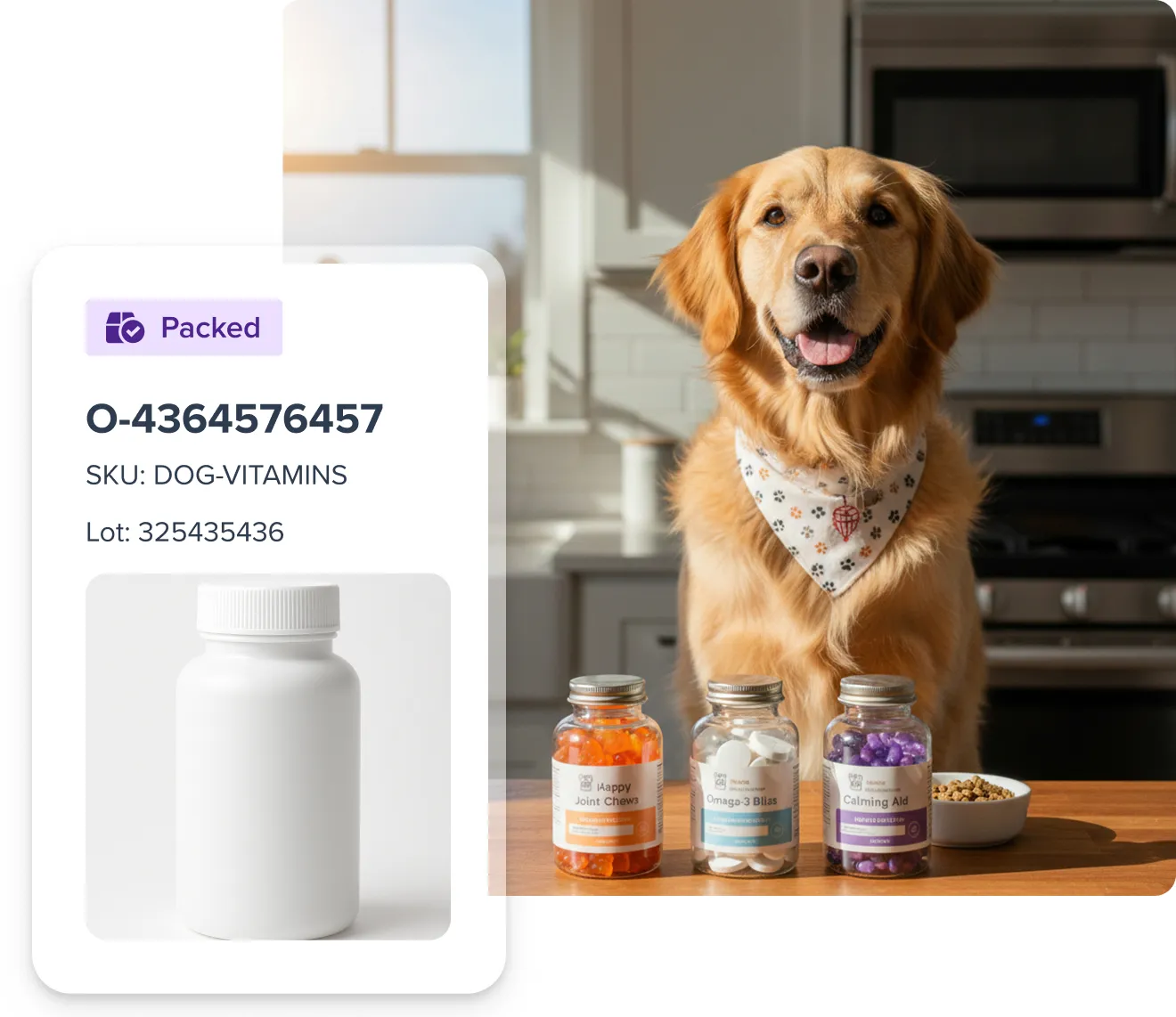 Golden retriever sitting on a kitchen counter next to three bottles of dog vitamins and a bowl of dog food.