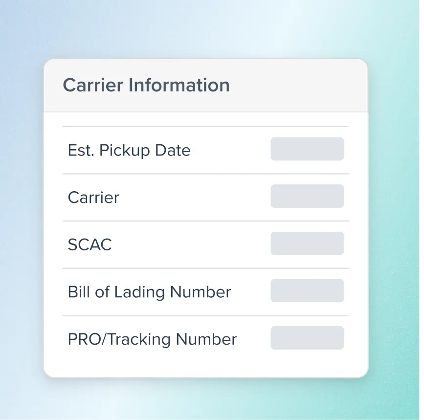 Carrier information form fields including Estimated Pickup Date, Carrier, SCAC, Bill of Lading Number, and PRO/Tracking Number.