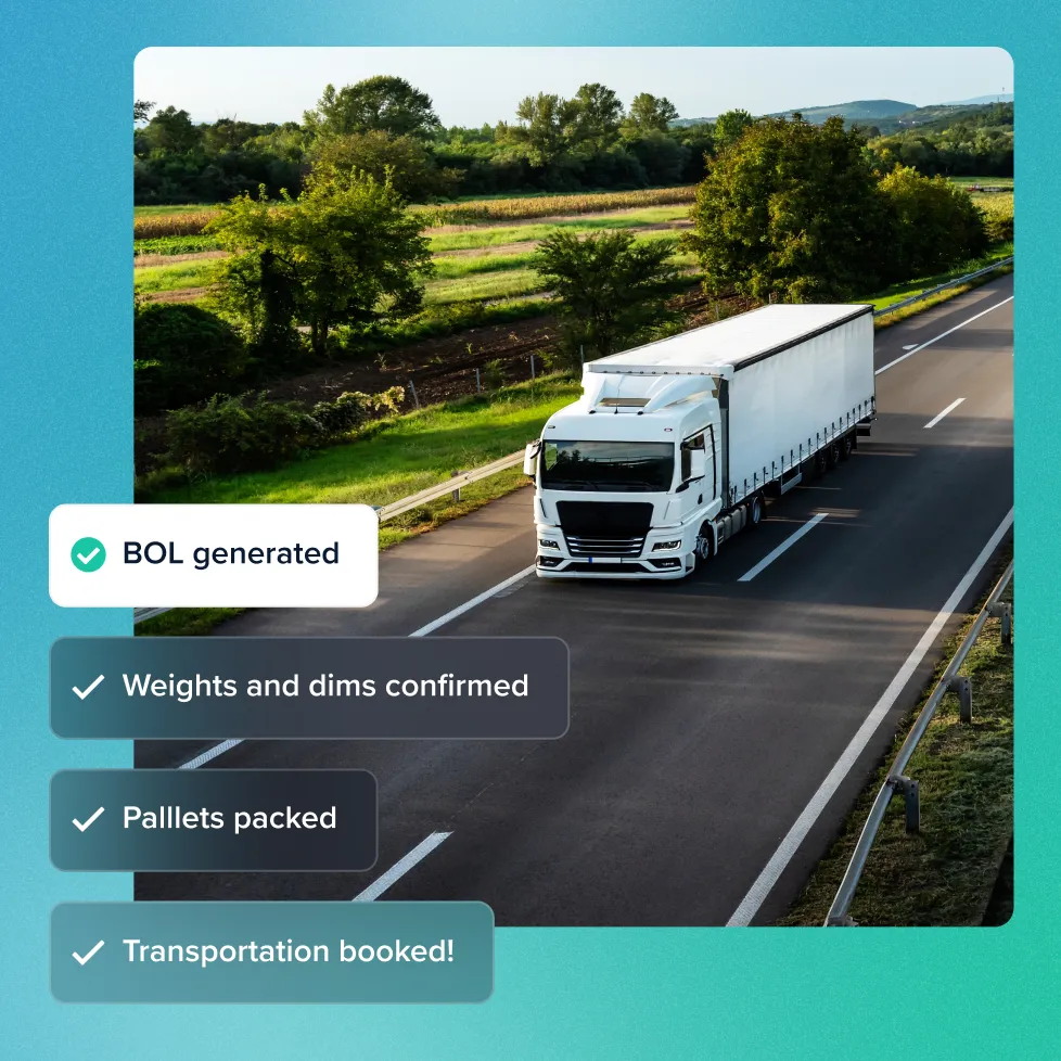 White semi-truck driving on a highway surrounded by green trees and fields with overlay text listing shipping steps completed: BOL generated, weights and dims confirmed, pallets packed, and transportation booked.