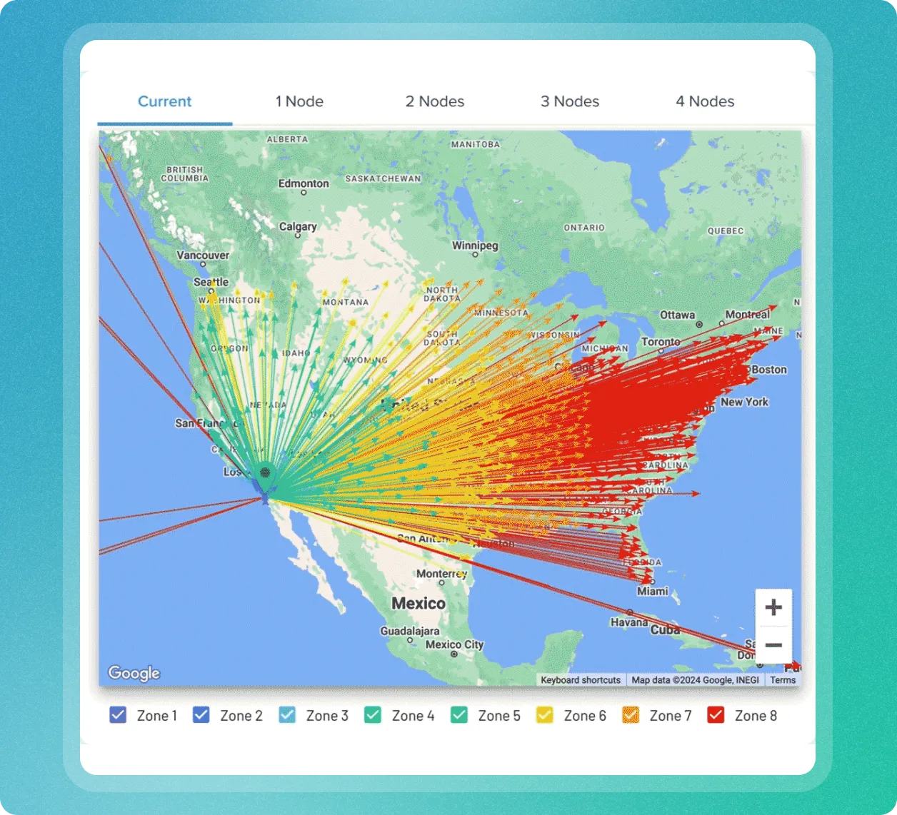 Map of North America with a hub in Southern California showing directional arrows radiating across US and Canada, color-coded by zones 1 to 8 representing different regional divisions.