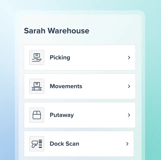 User interface screen labeled Sarah Warehouse listing four options: Picking, Movements, Putaway, and Dock Scan, each with a related icon.