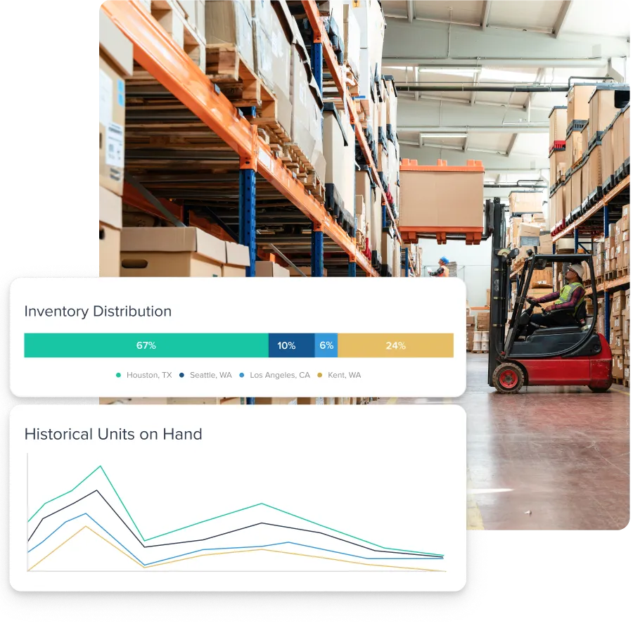 Warehouse interior with high shelves of stacked cardboard boxes and a worker driving a forklift lifting a large box, alongside inventory distribution and historical units on hand charts.