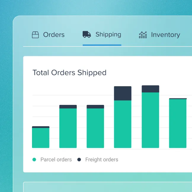 Bar chart showing total orders shipped with two categories: parcel orders in green and freight orders in black, under the shipping tab.