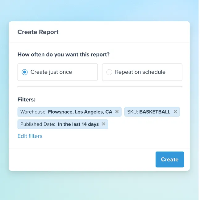 Create Report form showing options to create a report once or on a schedule with filters for Warehouse: Flowspace, Los Angeles, CA, SKU: BASKETBALL, and Published Date: In the last 14 days, with a Create button.