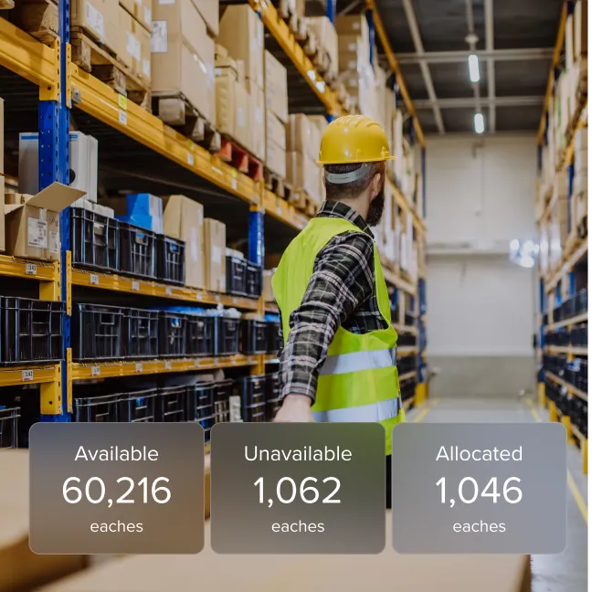 Warehouse worker in a yellow hard hat and green safety vest walking between shelves filled with boxes and crates, with inventory data showing available, unavailable, and allocated item counts.