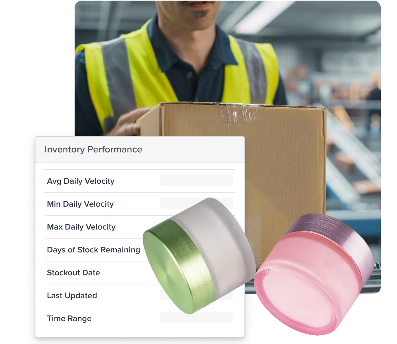 Warehouse worker in a safety vest holding a cardboard box with inventory performance data and two cosmetic containers in the foreground.