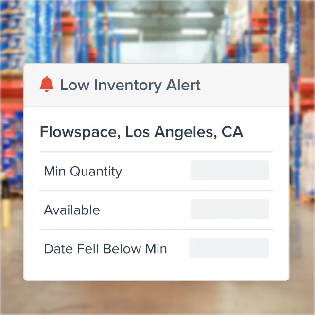 Low Inventory Alert notification for Flowspace in Los Angeles, CA, showing fields for minimum quantity, available stock, and date inventory fell below minimum.