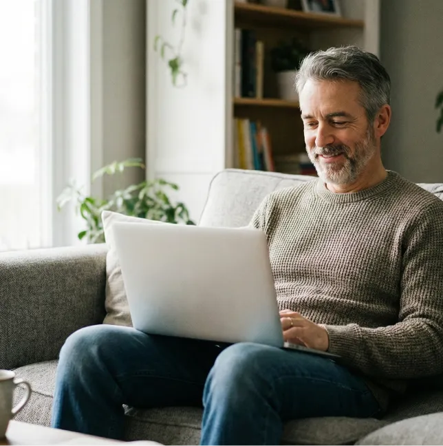 Middle-aged man with gray hair and beard sitting on a couch using a laptop and smiling.