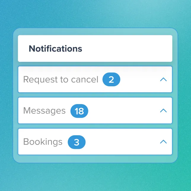 Notification panel showing 2 requests to cancel, 18 messages, and 3 bookings with expandable sections.