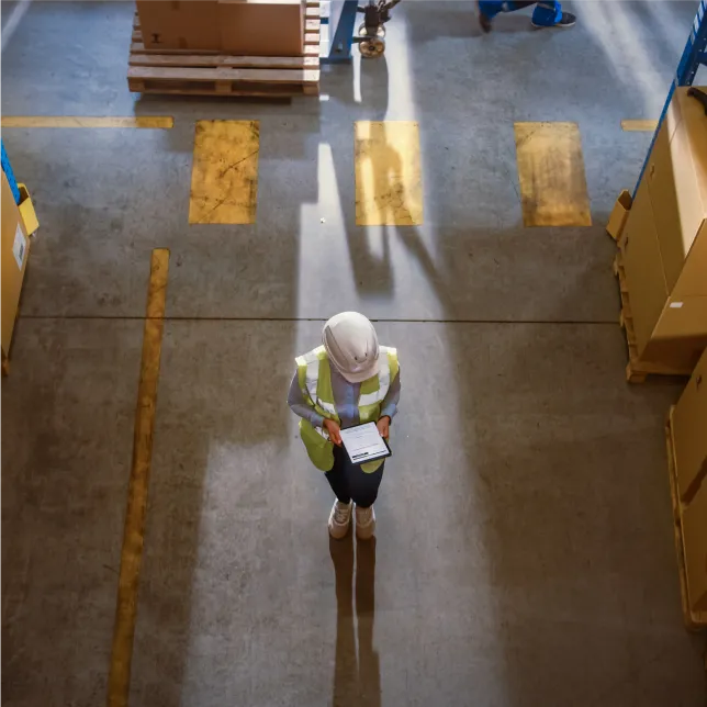 Warehouse worker in a hard hat and reflective vest checking a digital tablet amid shelves and boxes.