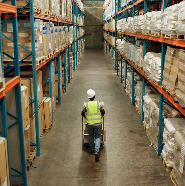 Warehouse worker in a safety vest and helmet pushing a trolley with boxes down a wide aisle between tall shelves filled with pallets and packaged goods.