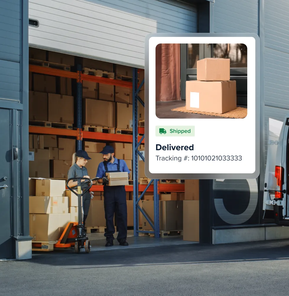 Two warehouse workers managing packages near shelves filled with boxes and a delivery van, alongside a delivery status overlay showing 'Shipped' and 'Delivered' with a tracking number.