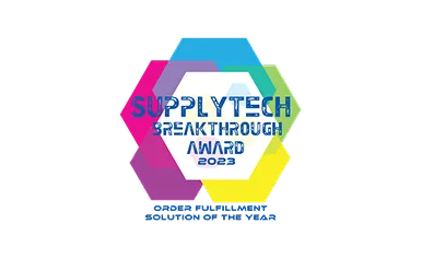 SupplyTech Breakthrough Award 2023 logo with multicolored hexagon shapes and text 'Carrier Purchased Solution of the Year'.