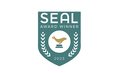 Seal Award Winner 2023 badge featuring a trophy with a bird silhouette and laurel branches.