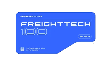 Blue graphic badge reading 'FREIGHTTECH 100 2024' highlighting top innovators in the freight industry.