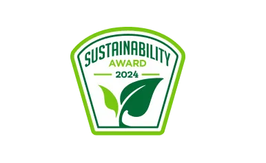 Green and white badge with leaves and text 'Sustainability Award 2024'.