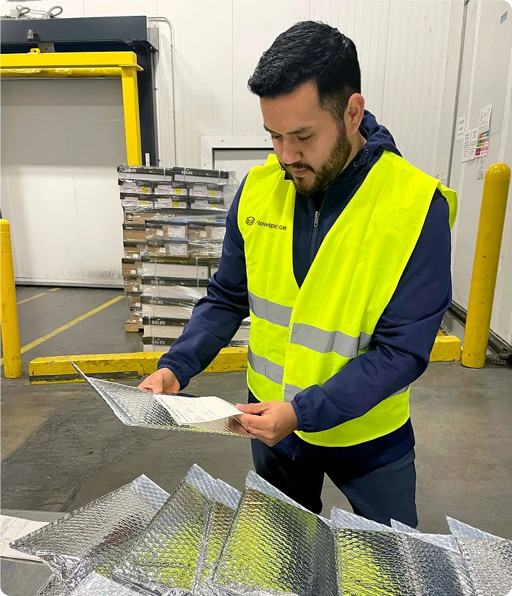 Man in a yellow safety vest examining a document inside a reflective insulated envelope in a warehouse.