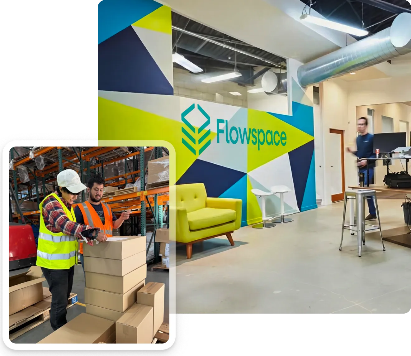 Modern office space with colorful geometric wall art and Flowspace logo, featuring a yellow chair and two people in a warehouse stacking boxes.