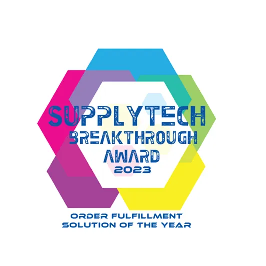 SupplyTech Breakthrough Award 2023 logo for Order Fulfillment Solution of the Year with a colorful hexagonal background.