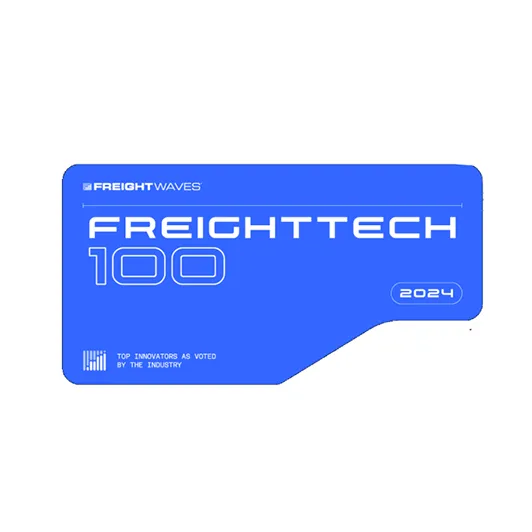 FreightWaves FreightTech 100 2024 logo with caption 'Top Innovators as Voted by the Industry' on blue background.