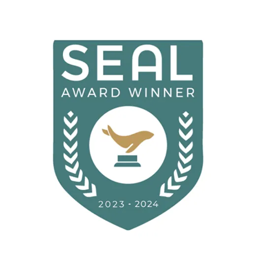 Seal Award Winner badge for 2023-2024 featuring a golden seal trophy in the center with laurel branches on each side.