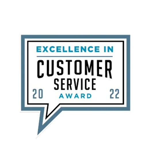 Badge with text Excellence in Customer Service Award 2022 inside a speech bubble outline.