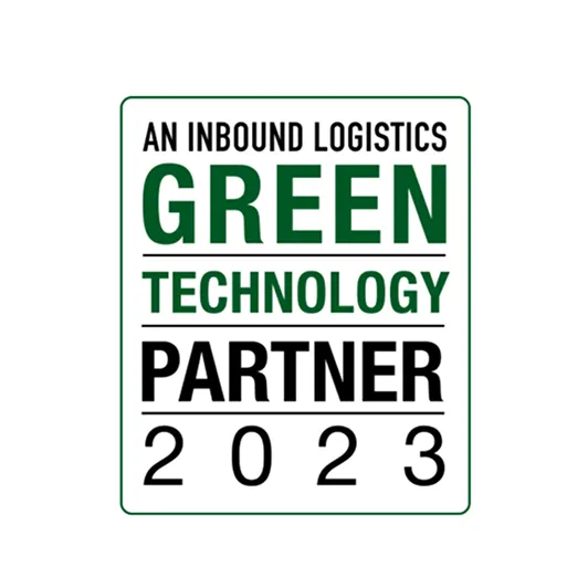 Badge reading An Inbound Logistics Green Technology Partner 2023 with green and black text on white background.