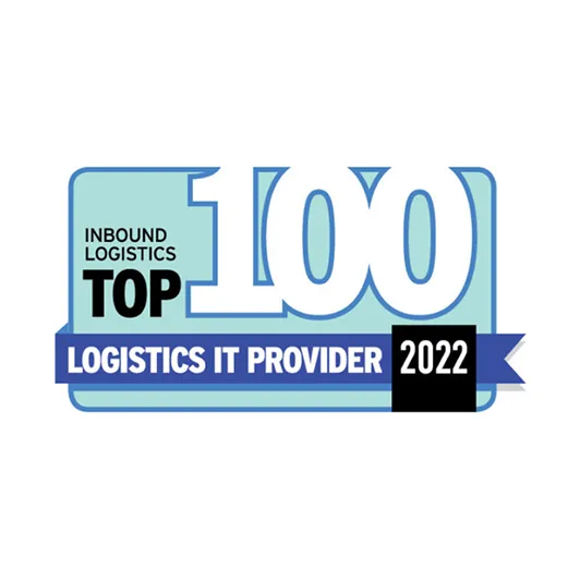 Badge reading 'Inbound Logistics Top 100 Logistics IT Provider 2022' on a blue background.