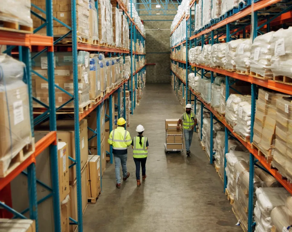 Three warehouse workers wearing safety vests and helmets moving through aisles filled with stacked pallets and boxes.